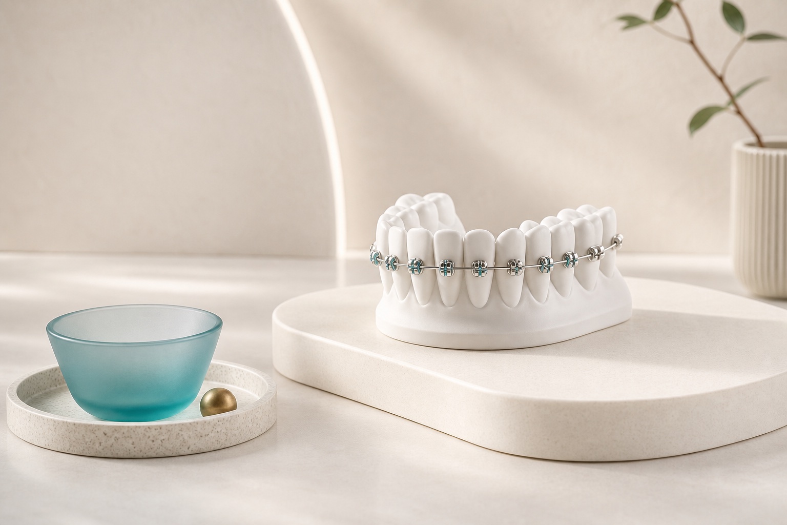 រូបភាពគំរូធ្មេញដែលមាន Braces និងខ្សែពត់ធ្មេញ