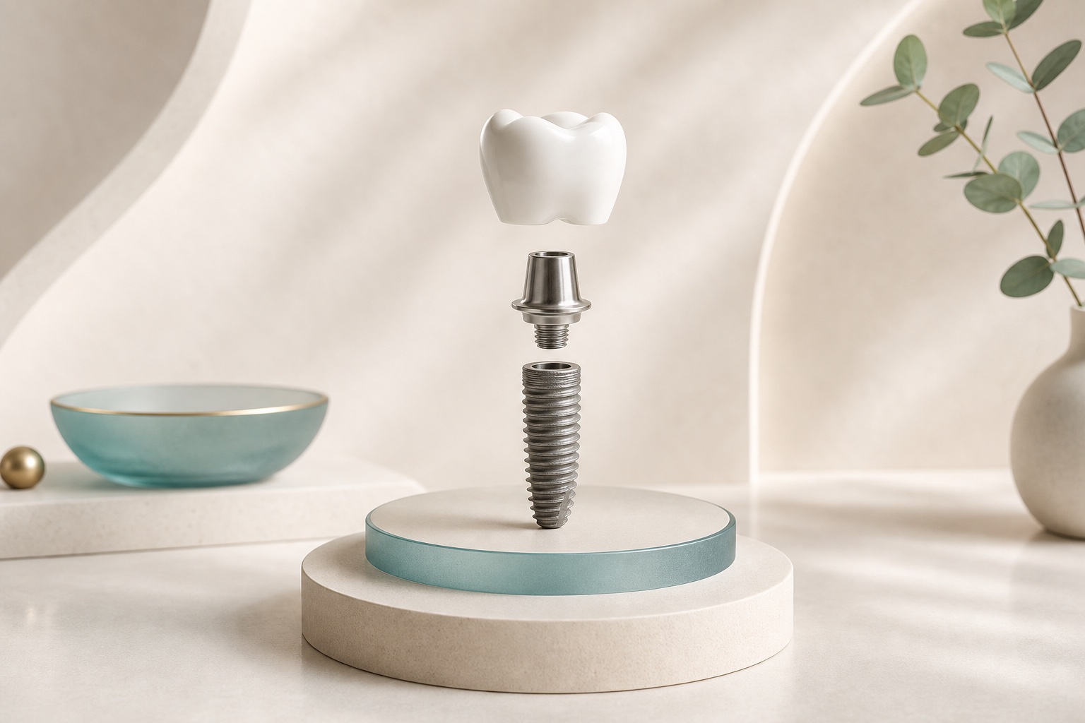 រូបភាពបង្ហាញផ្នែក Implant, Abutment និង Crown